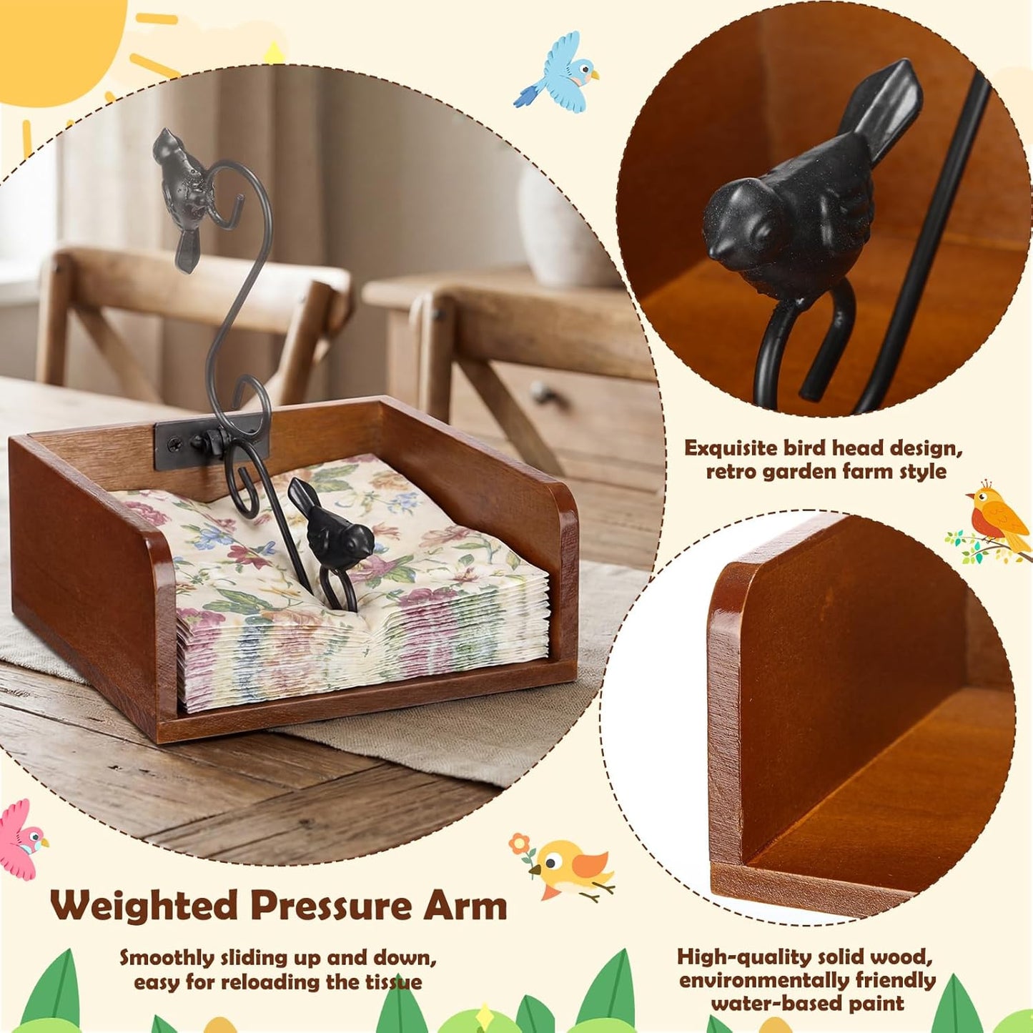 Porta servilletas de madera Hoteam con brazo pesado para mesa rústica cocina bar