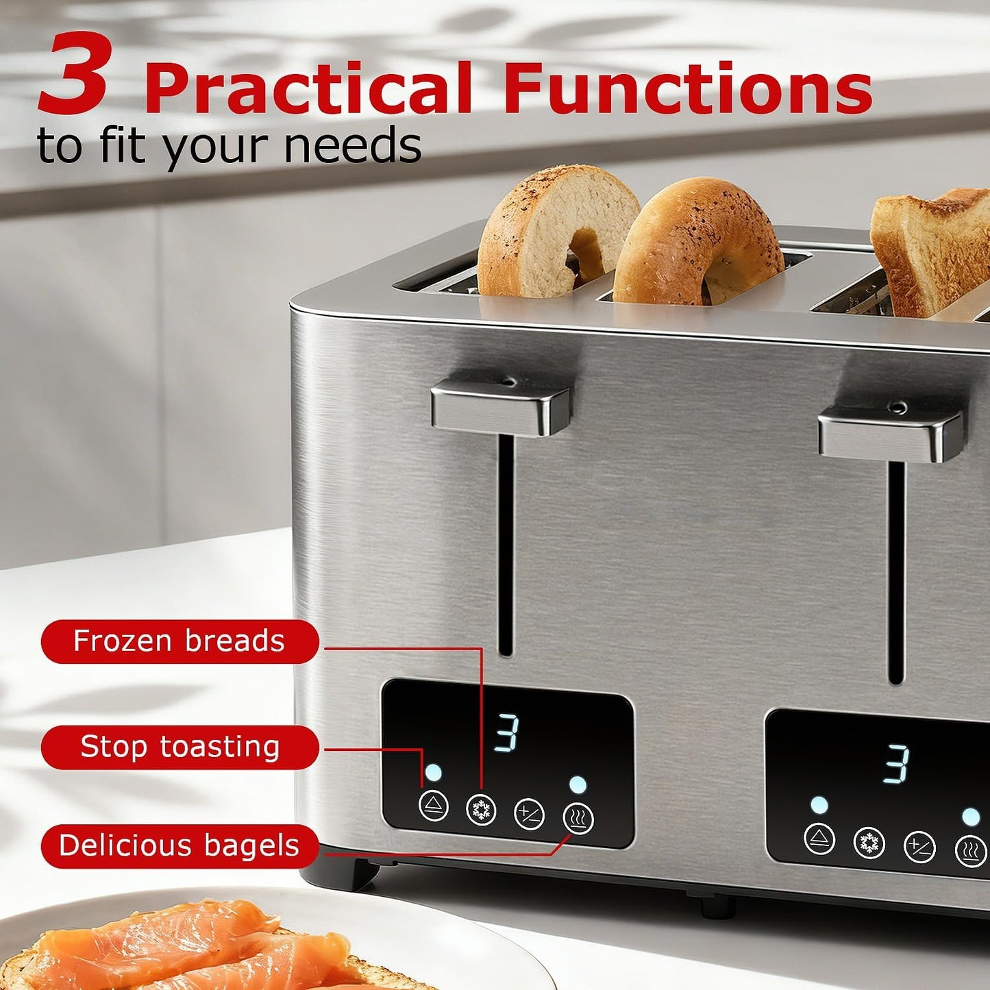 Tostadora acero inox 4 rebanadas pantalla LED 6 ajustes