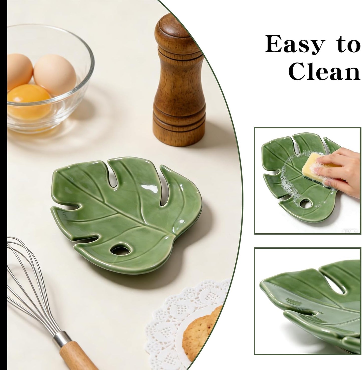 Soporte de cuchara de cerámica para encimera en forma de hoja