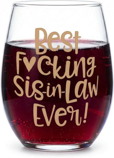 Copa de vino con texto "Best SisterpulgadaLaw Ever", regalos divertidos para cuñadas