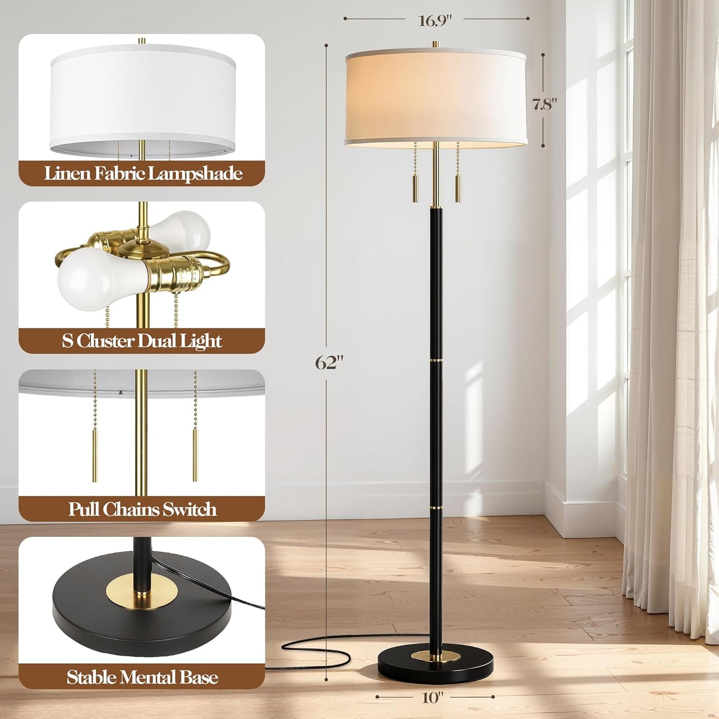 Lámpara pie moderna 2 luces tela interruptor cadena sala dormitorio