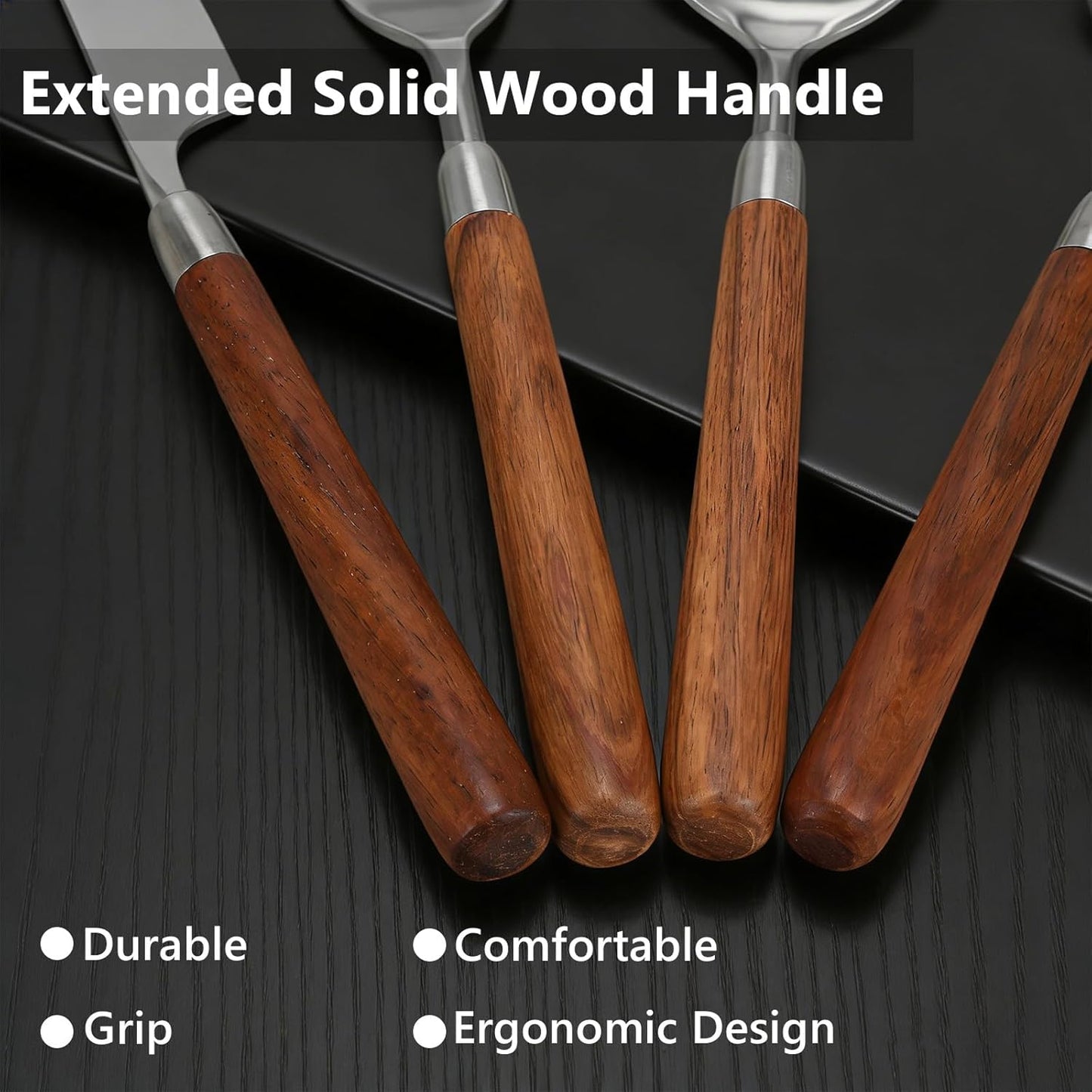Juego de 4 cubiertos de acero inoxidable 304 con mango de madera