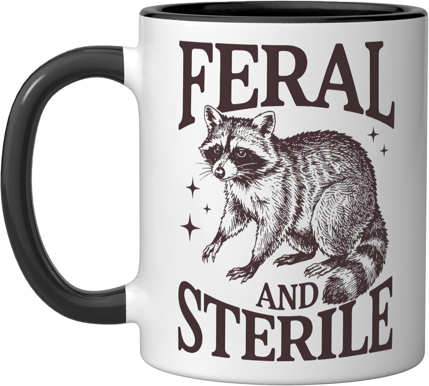 Taza cerámica feral y estéril raccoon humor feminista negro/blanco