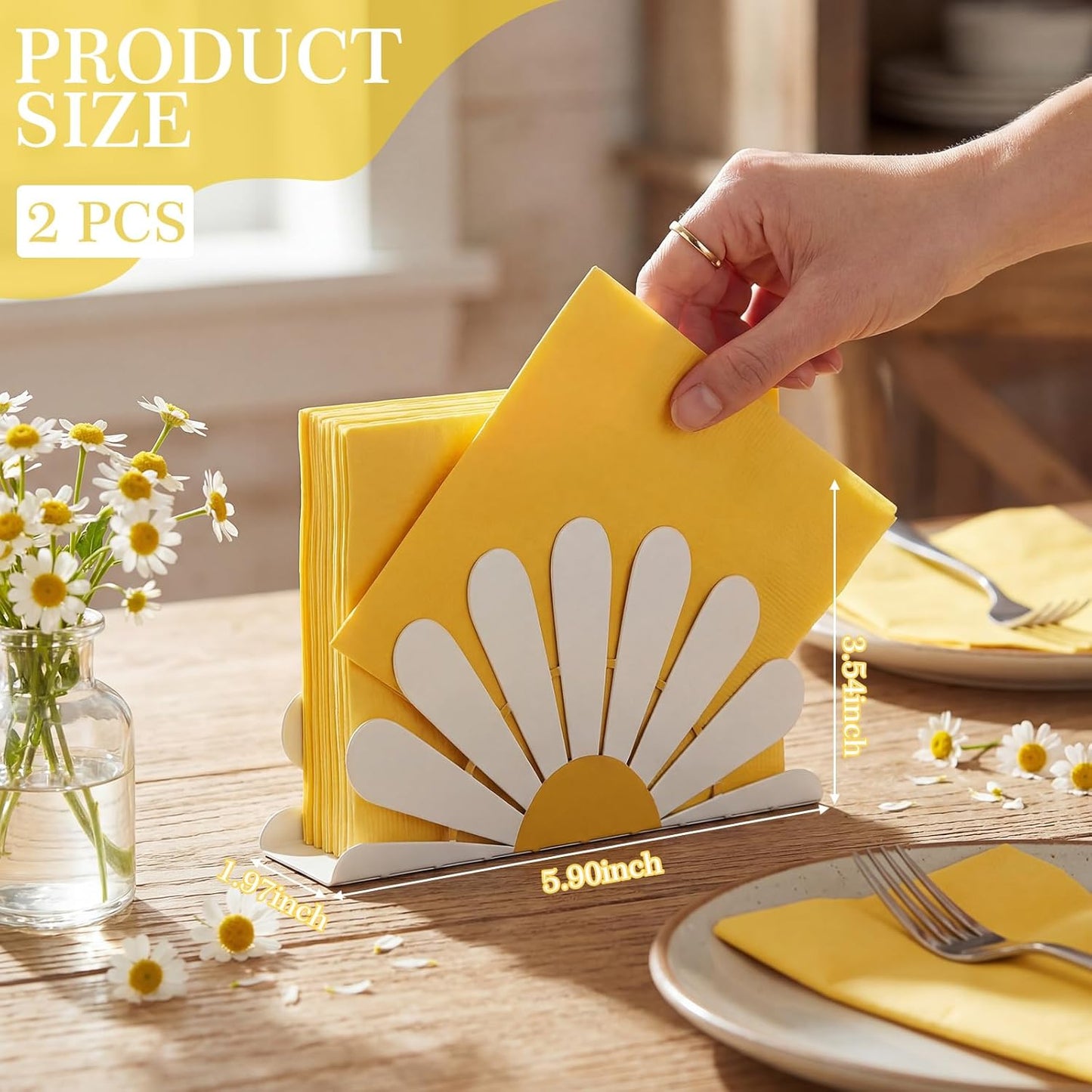 Servilletero de margaritas de resorte en metal blanco para mesa