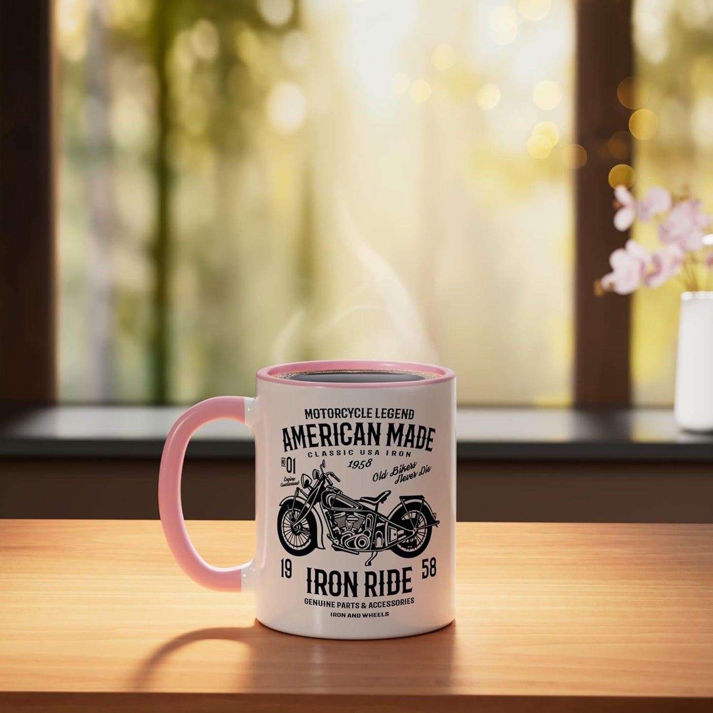 Taza cerámica estilo vintage motocicleta americana rosa/blanca