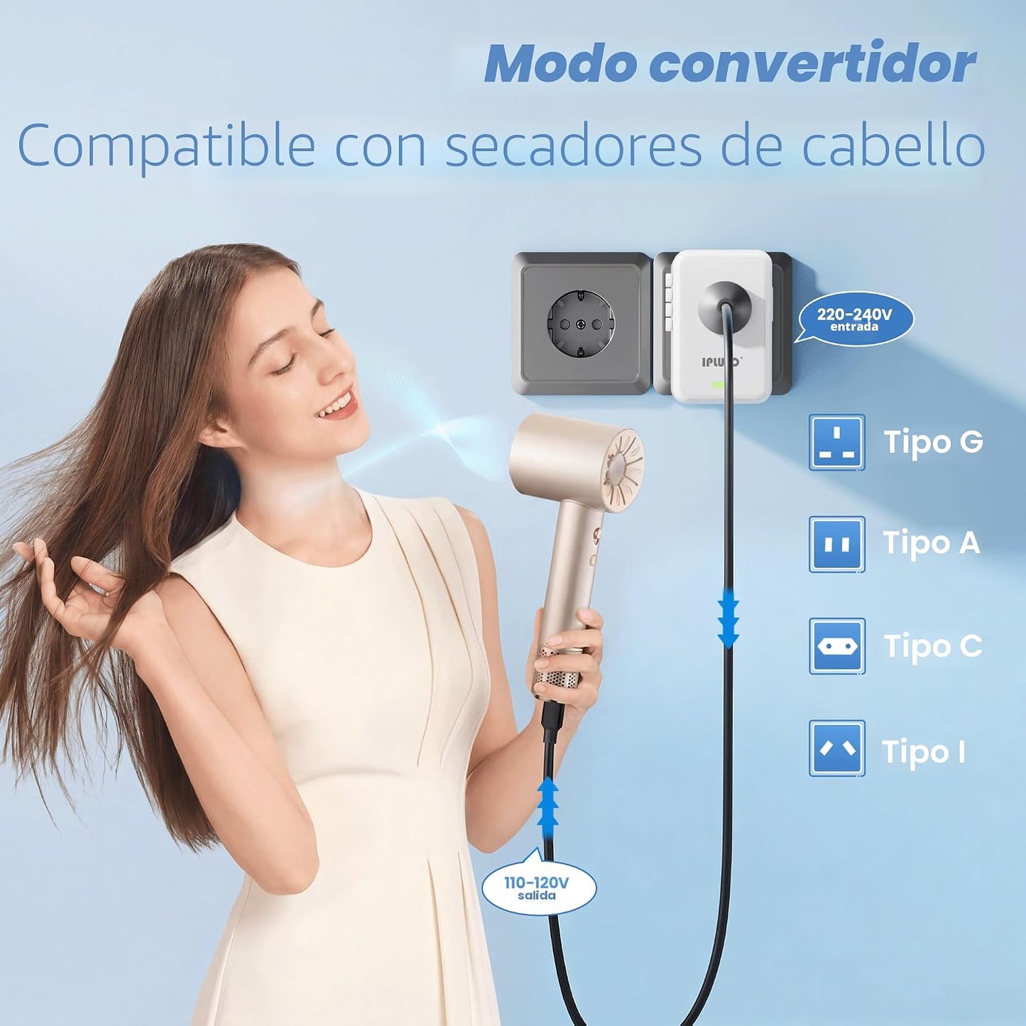 Convertidor 220V a 110V con USB C y A para secador pelo