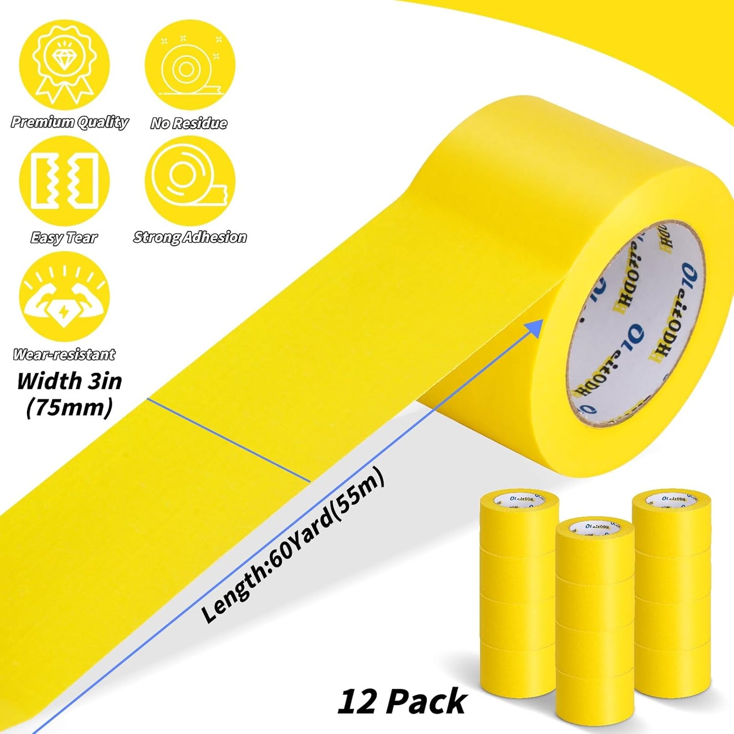 12 Rollos Cinta Amarilla Pintores 3pulg x60yd Sin Residuos
