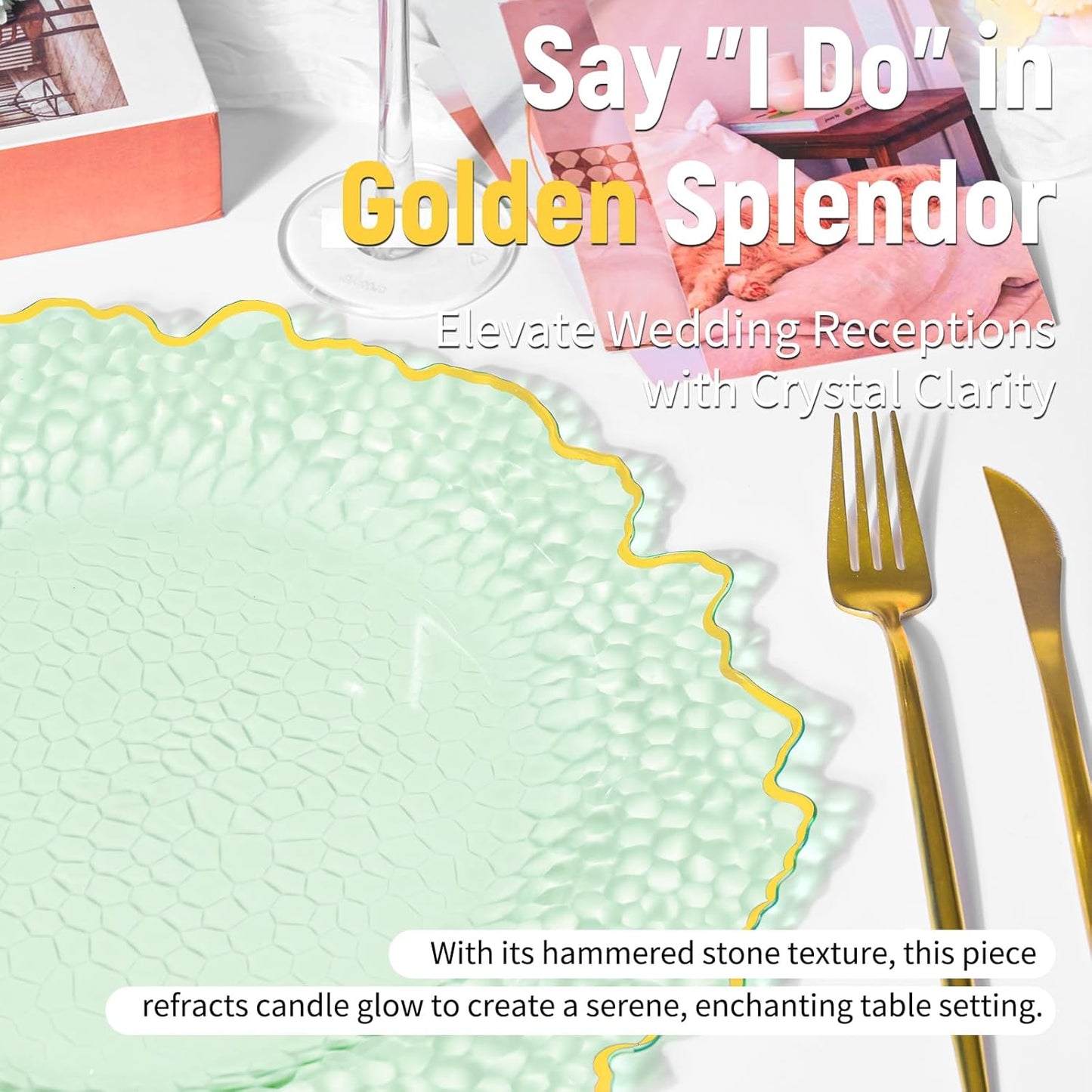 100 Platos Plástico Transparente 13pulg Borde Dorado