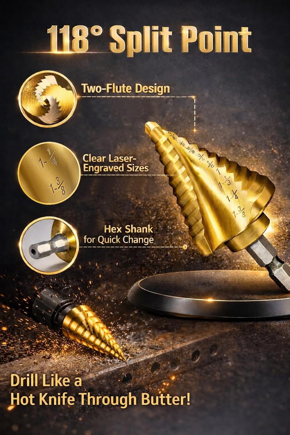 Set 5 Brocas Titanio HSS Doble Espiral 3/16-1-3/8pulg