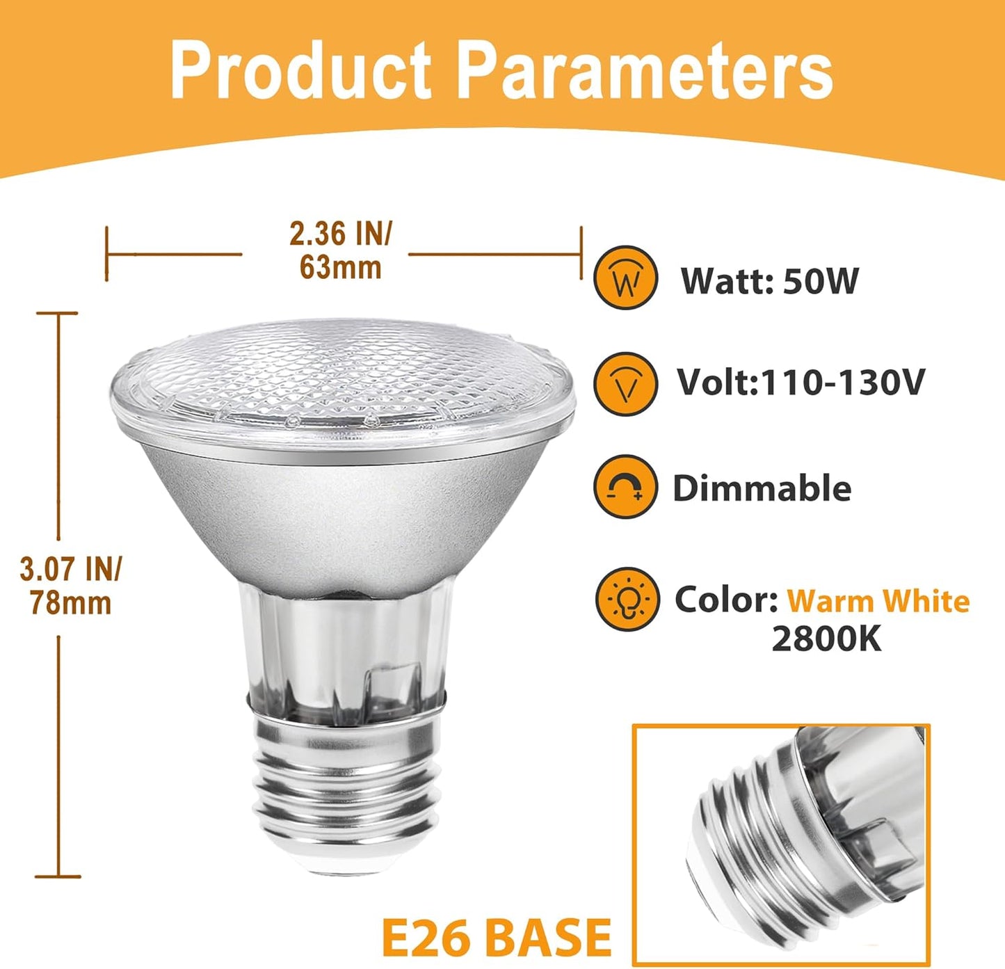Foco PAR20 50W E26 regulable 2800K blanco cálido