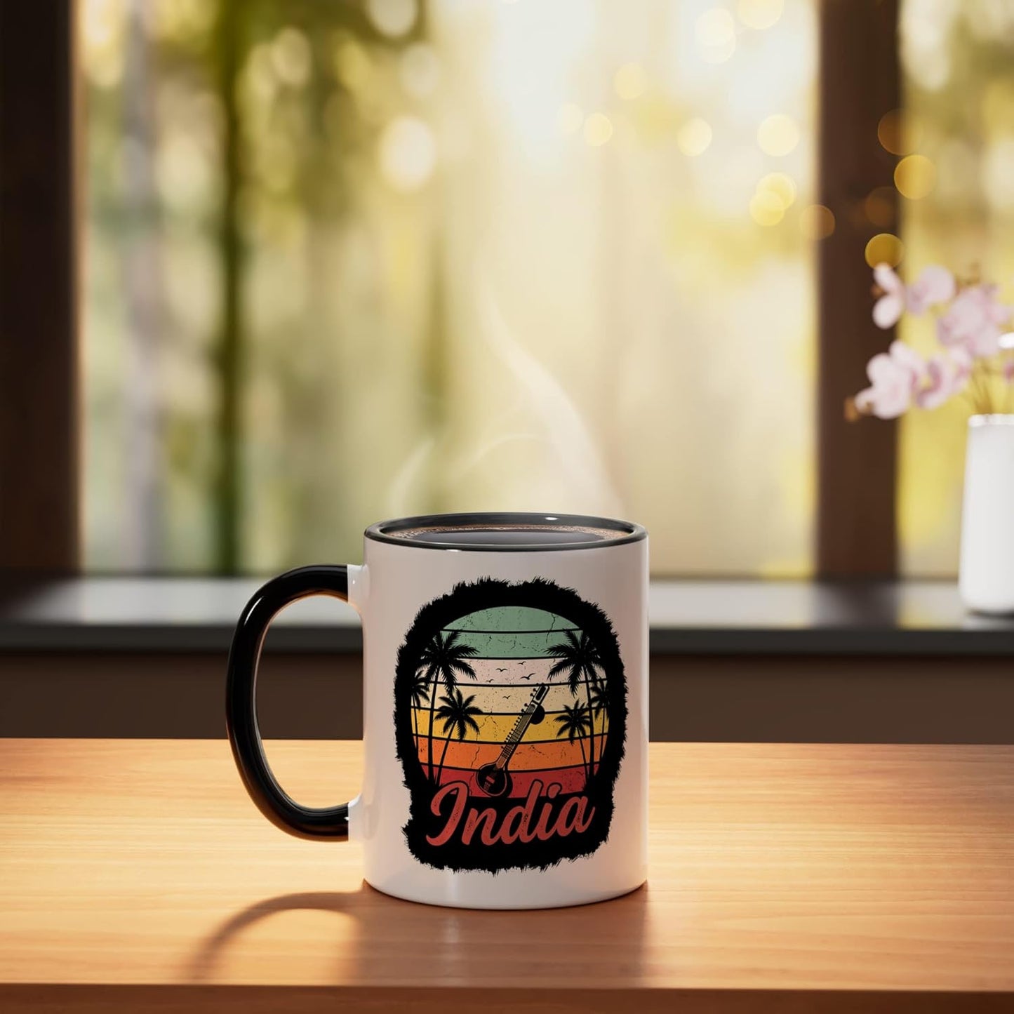Taza cerámica vintage India souvenir negro/blanco
