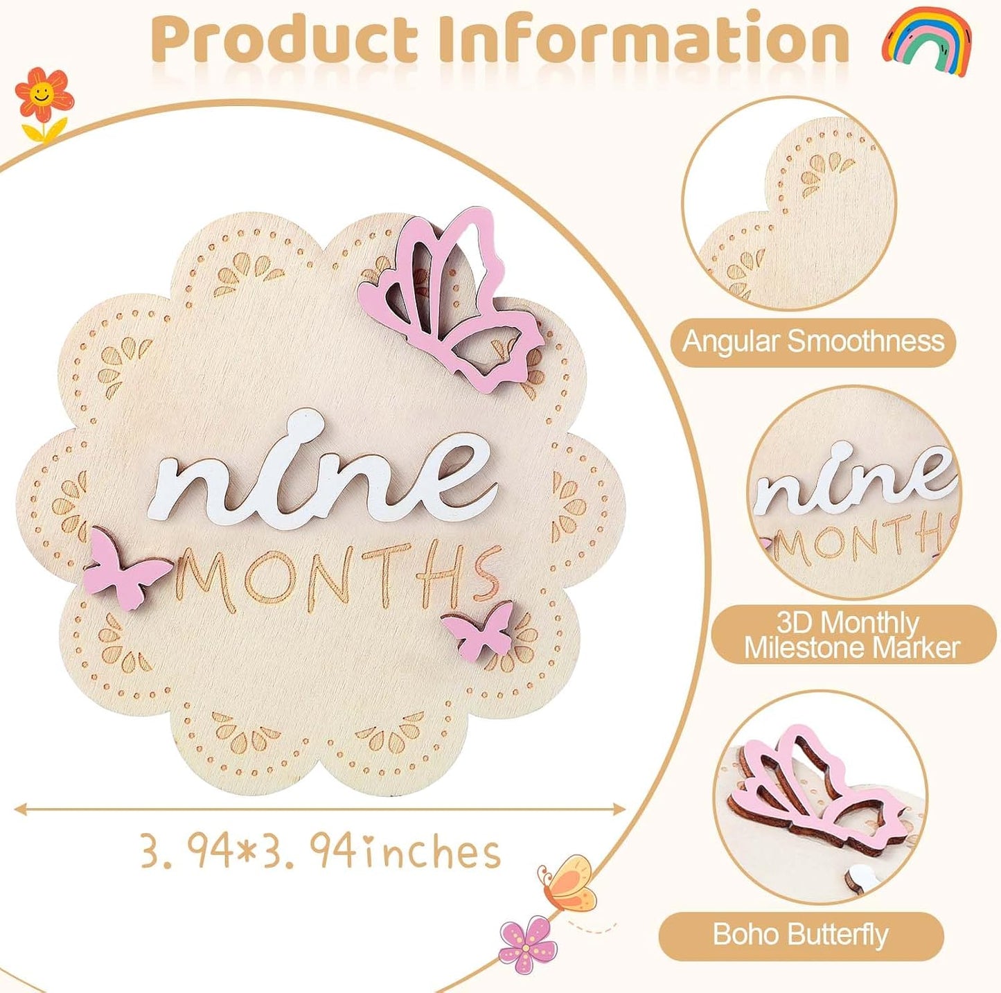 12 Tarjetas 3D Madera Mariposa para Bebé Niña 1-12 Meses