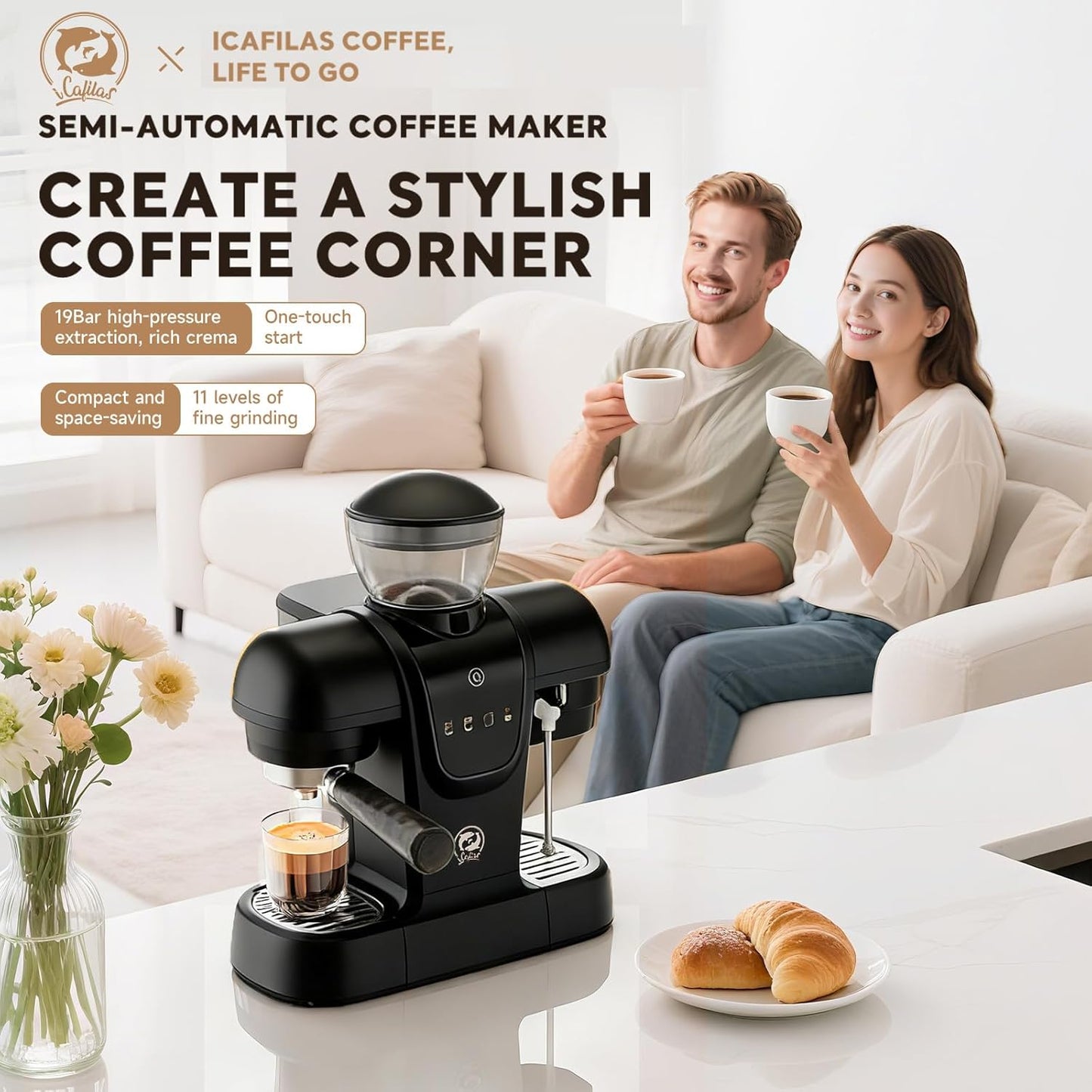 Máquina Espresso Semiautomática 20 Bar Molinillo Integrado