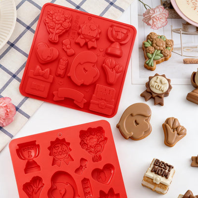 Moldes de silicona antiadherentes para hornear dulces Día de la Madre con Best Mom, trofeo, ramo de flores y corazón