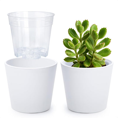 Macetero plástico blanco 4.5pulg set 2 con cubierta transparente