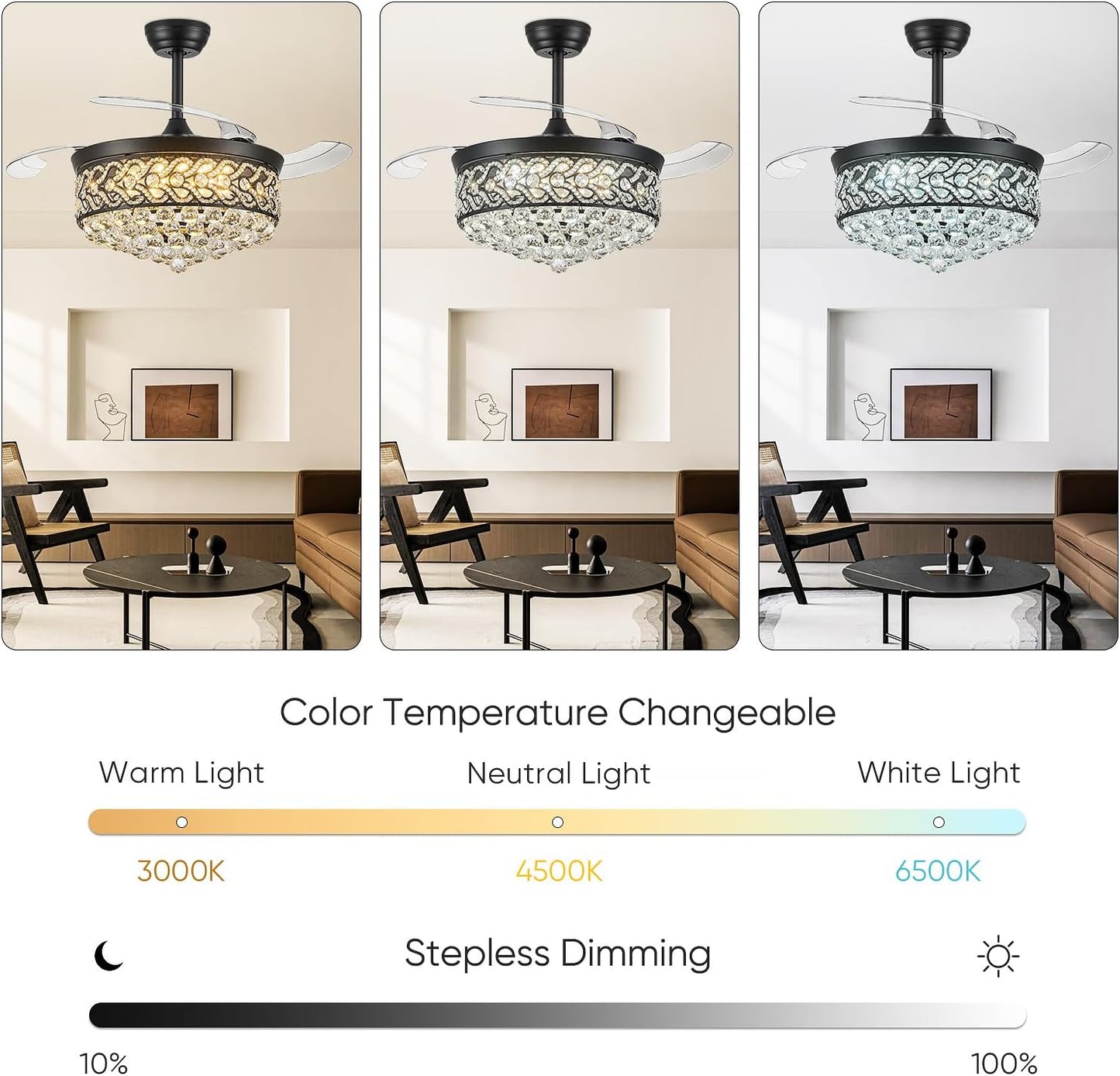 Ventilador techo cristal luz aspas retráctiles 52pulg