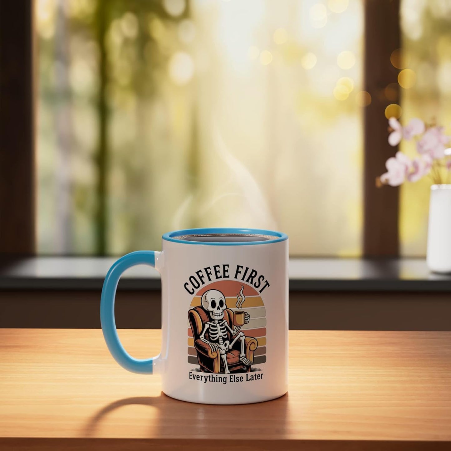 Taza de café cerámica para amantes del café estilo esqueleto azul/blanco