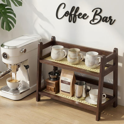 Estación de madera matcha organizador 2 niveles para barra de café soporte tazas marrón oscuro