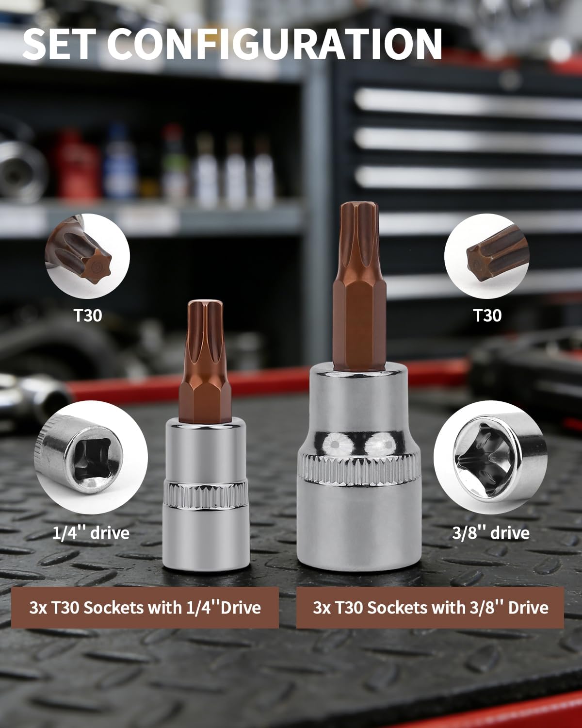 Set 6 llaves vaso Torx T30 1/4 y 3/8 acero CR-V