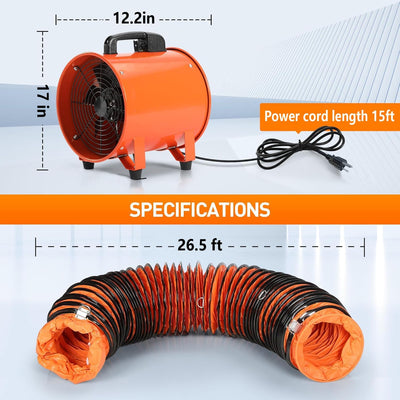 Ventilador industrial 12pulg 3200CFM manguera 27ft enchufe 15ft