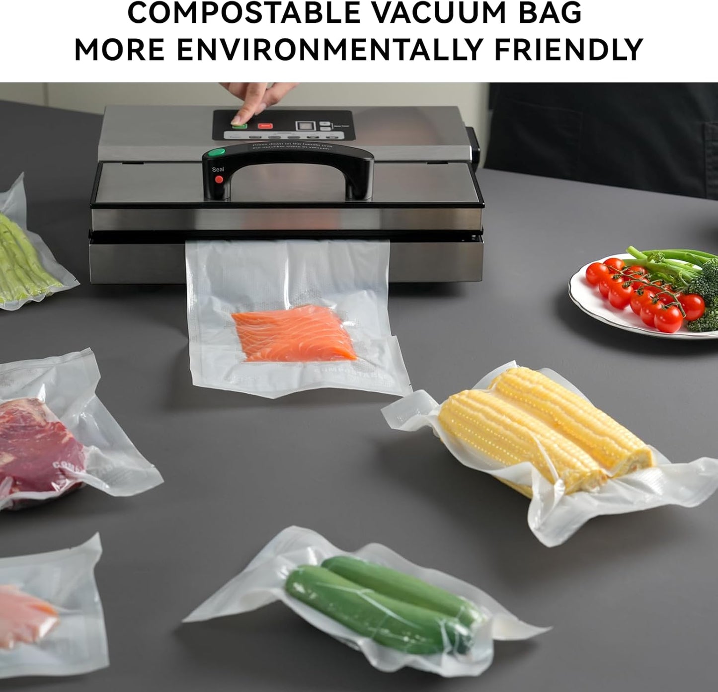 Sellador al vacío con bolsas compostables para alimentos