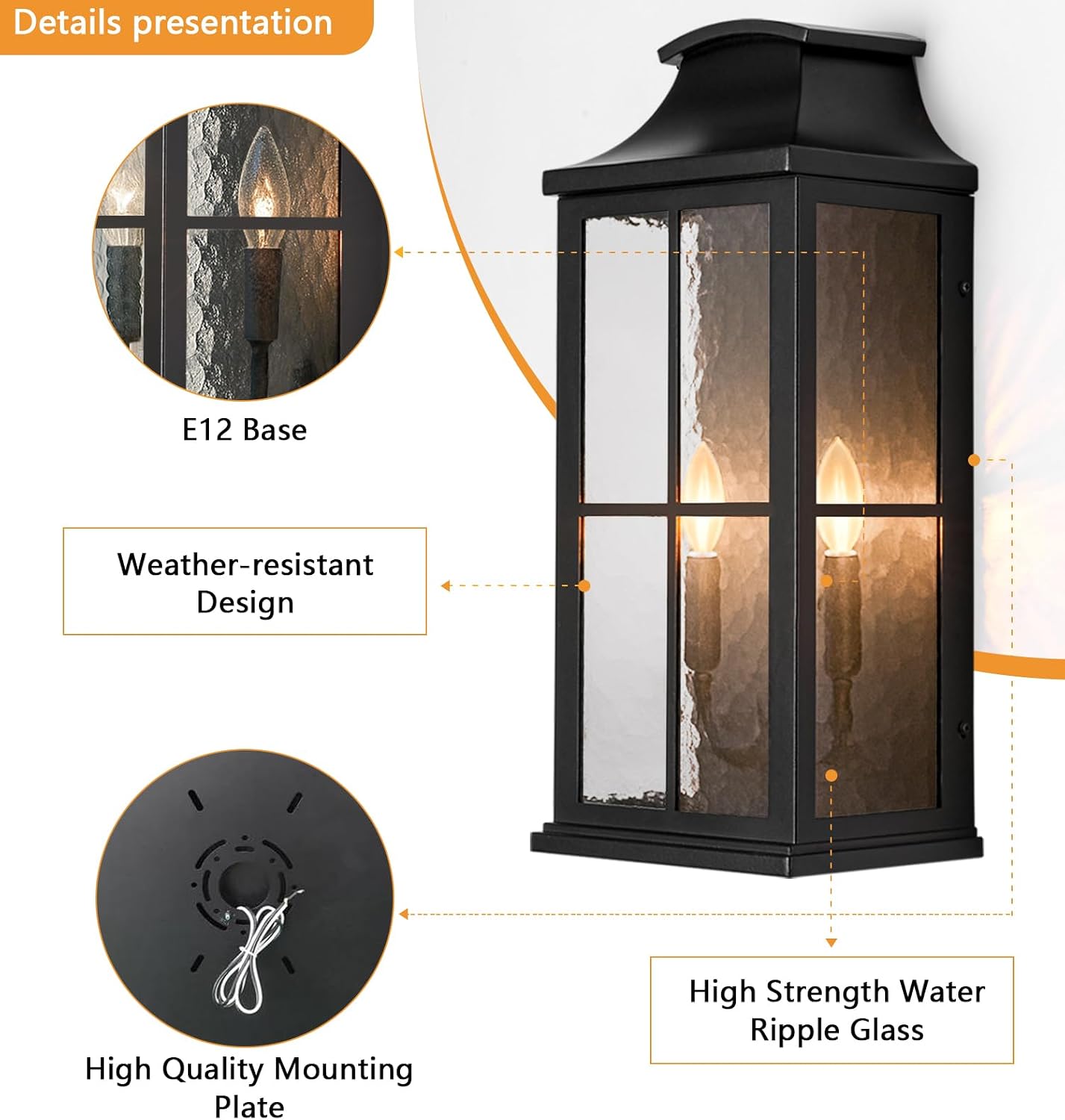 Luces pared exteriores 20pulg base E12 2 luces negras resistente