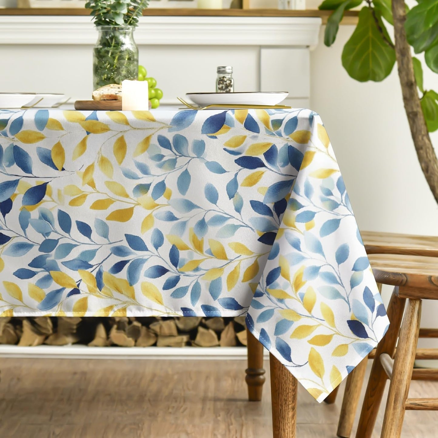 Mantel rectangular de verano Horaldaily 52x70 pulgadas con helechos azules y amarillos