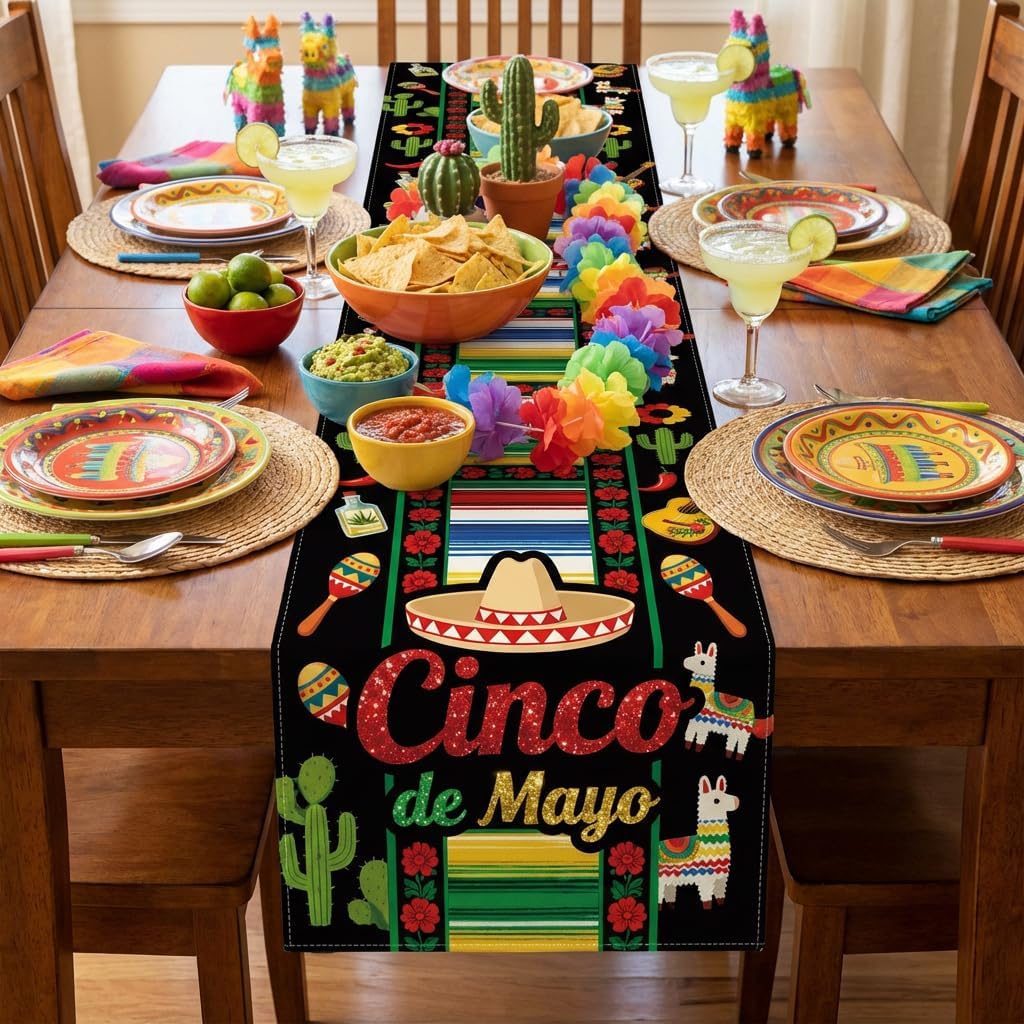Camino de mesa Cinco de Mayo sombrero cactus color negro decoracion fiesta
