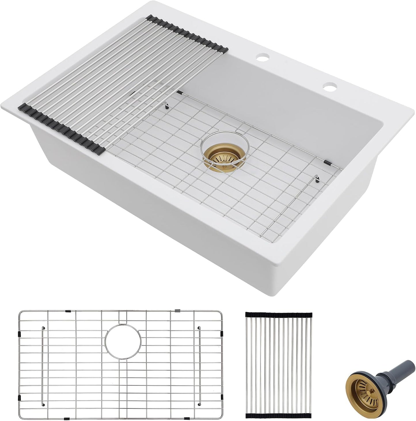 Fregadero cocina granito 33x22pulg cuarzo blanco clásico