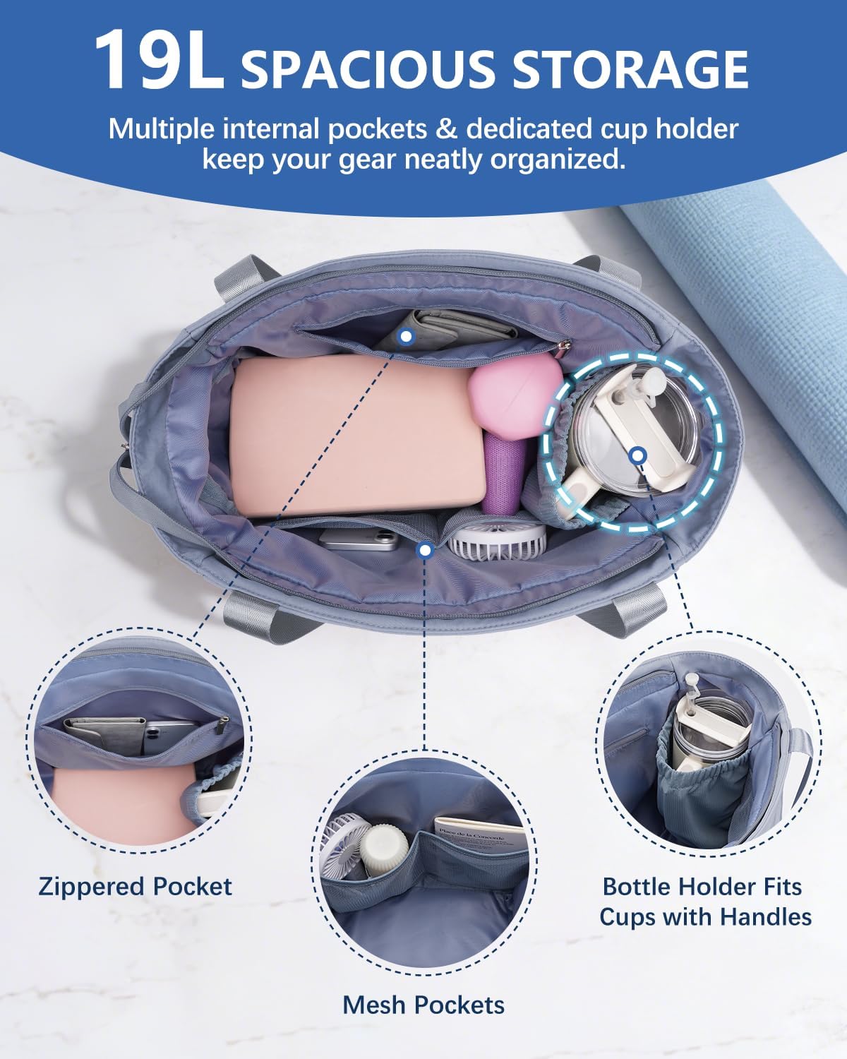 Bolsa gimnasio mujer 19l con compartimento zapatos y bolsillos