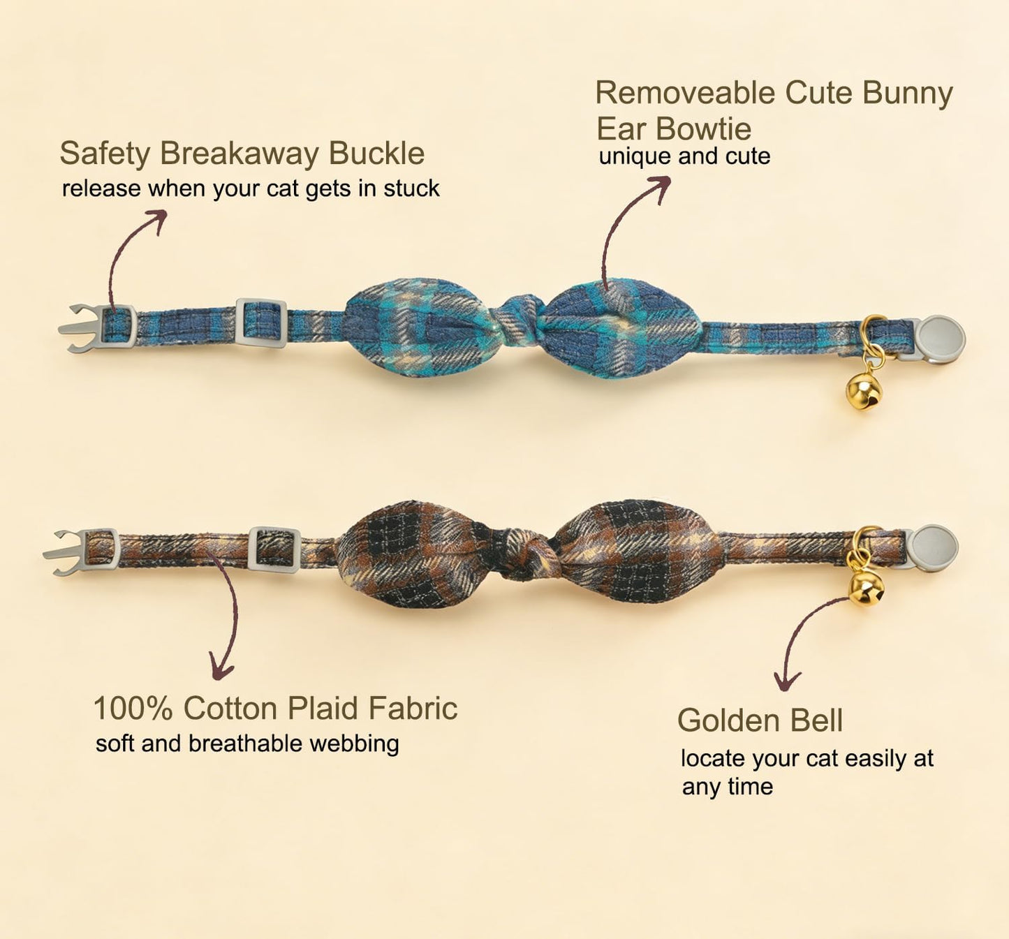 Collar gato algodón pajarita campana set 2 cuadros tweed azul