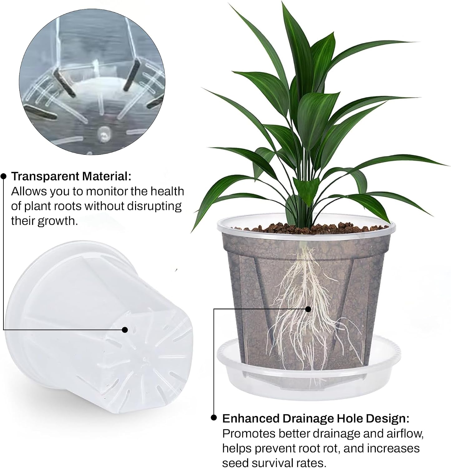 3 Pzas Macetas Transparentes con Drenaje para Jardín
