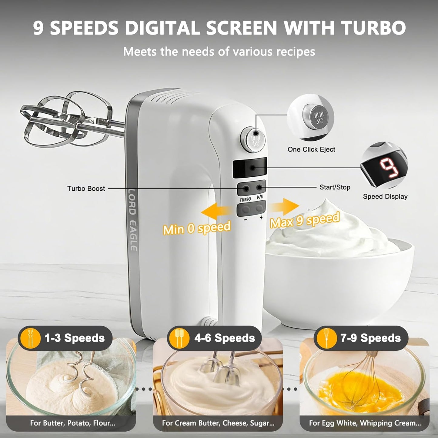 Batidora de mano digital 9 velocidades motor CC 500W con accesorios