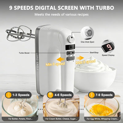 Batidora de mano digital 9 velocidades motor CC 500W con accesorios