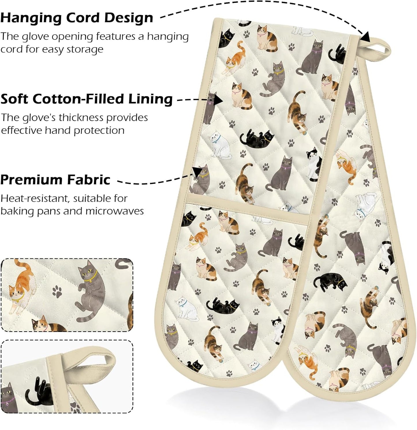 Guantes horno dobles para gatos con forro algodón cuerdas colgar