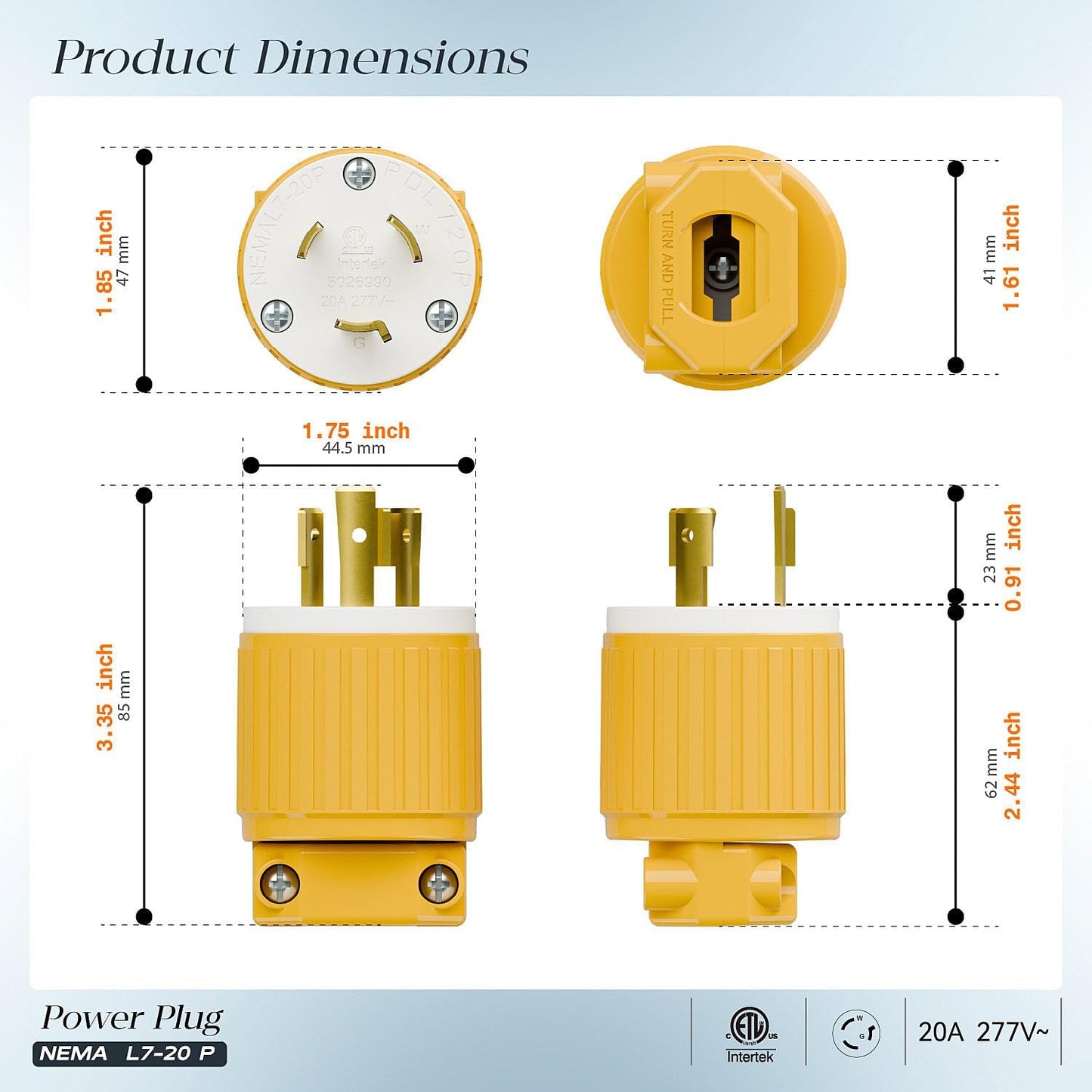 Enchufe L7-20P 20A 277V con bloqueo giratorio PDL720P Amarillo