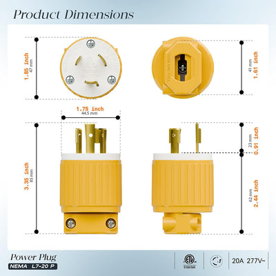 Enchufe L7-20P 20A 277V con bloqueo giratorio PDL720P Amarillo