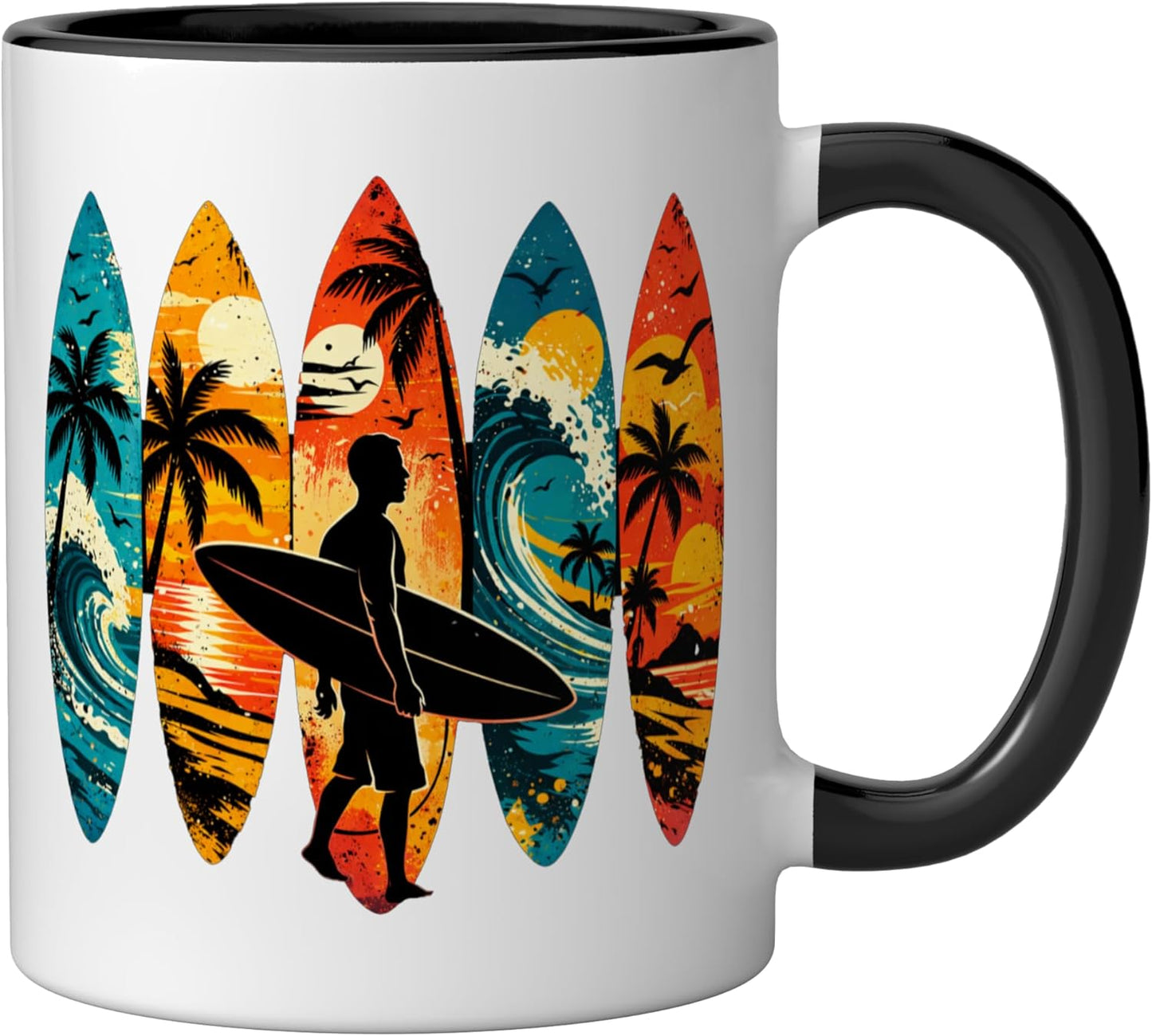 Taza cerámica retro surfboard playa verano negro/blanco