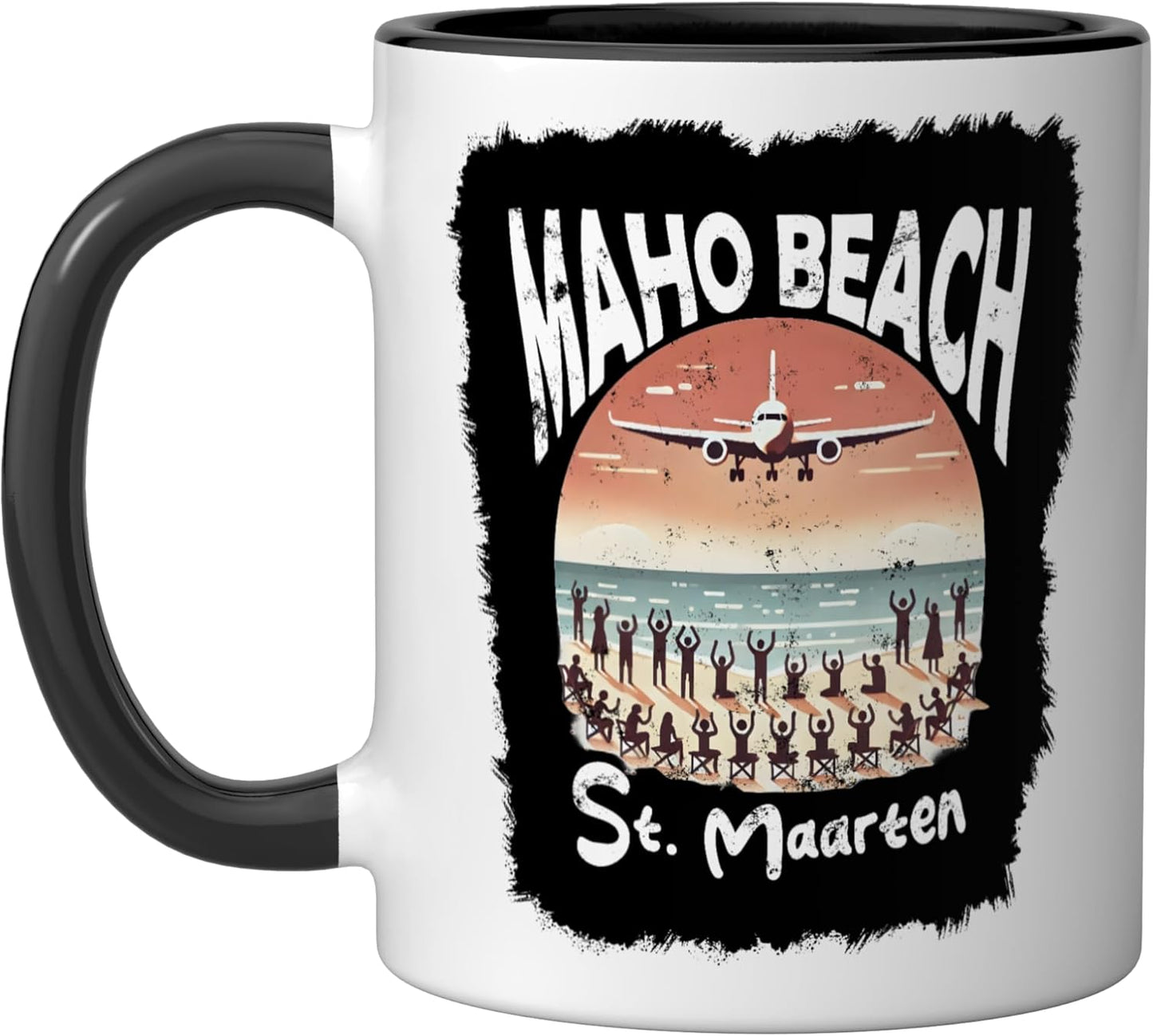 Taza de cerámica Maho Beach St. Maarten negra y blanca