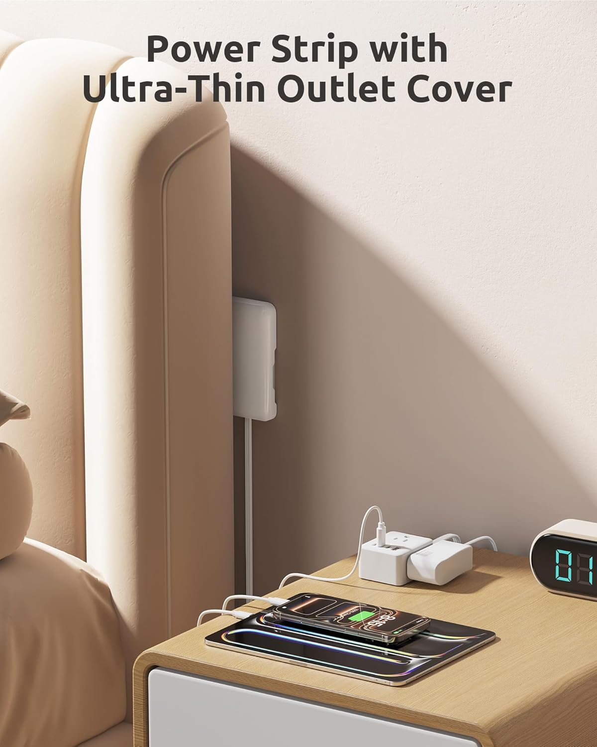 Cable extensión 3 pies con cubierta tomacorriente y 3 puertos USB-C