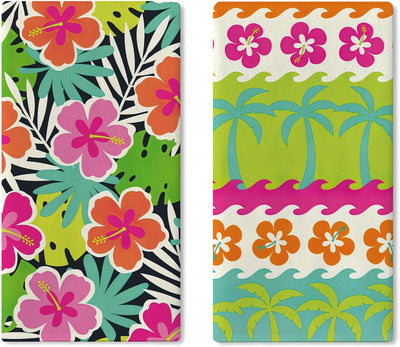 Juego de 2 paños de cocina con plantas tropicales hibisco palmera monstera