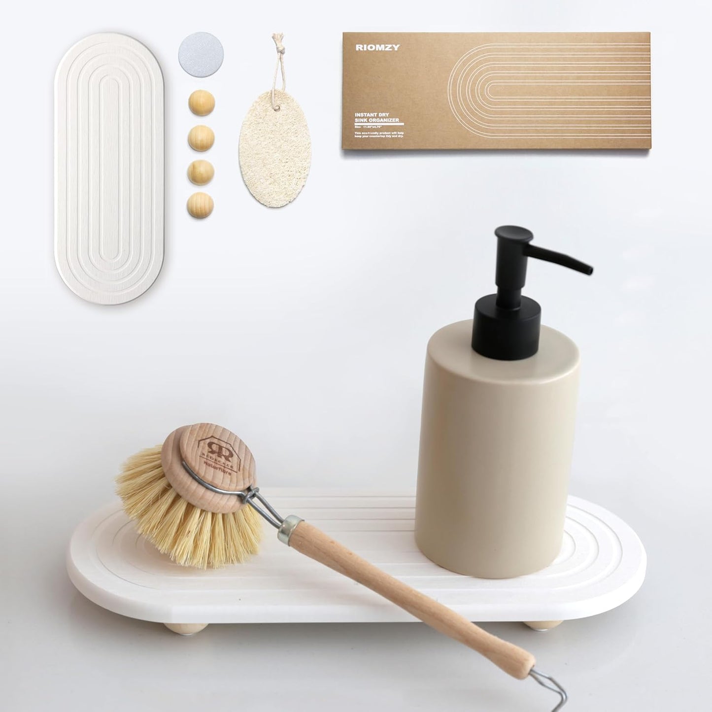 Organizador de fregadero de secado rápido bandeja absorbente de agua para cocina y baño con pies de madera y esponja natural