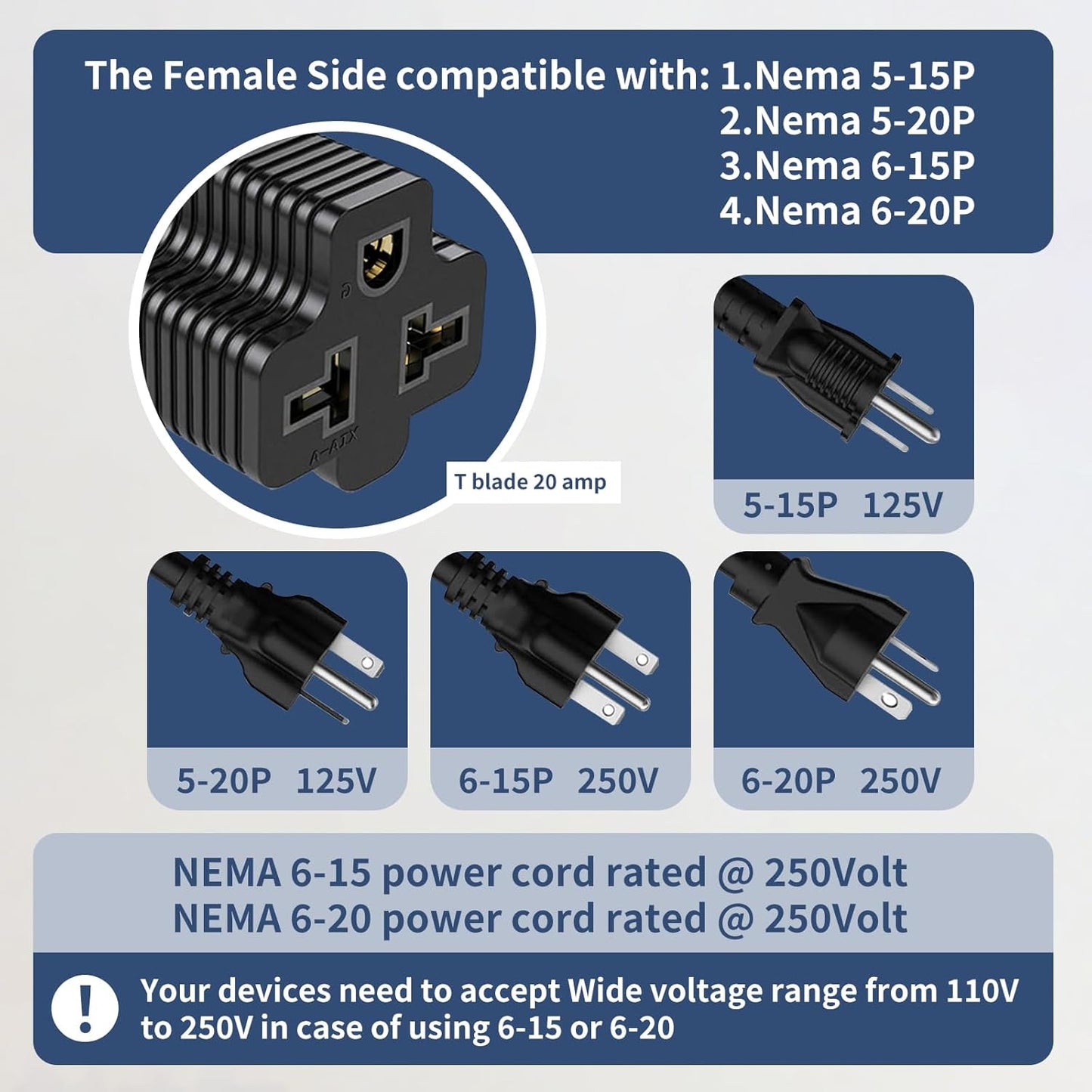 Adaptador enchufe 15A a 20A NEMA 5-15P a 5-20R
