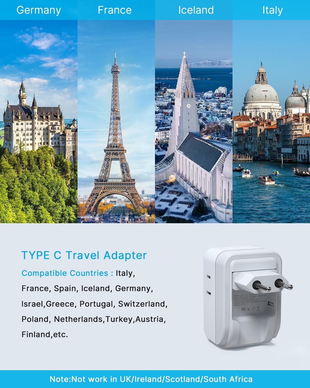 Adaptador viaje europeo con 4 salidas AC y 3 USB tipo C