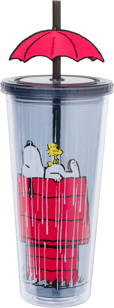 Taza de plástico para frío con tapa y popote Silver Buffalo Peanuts Rainy Day Snoopy