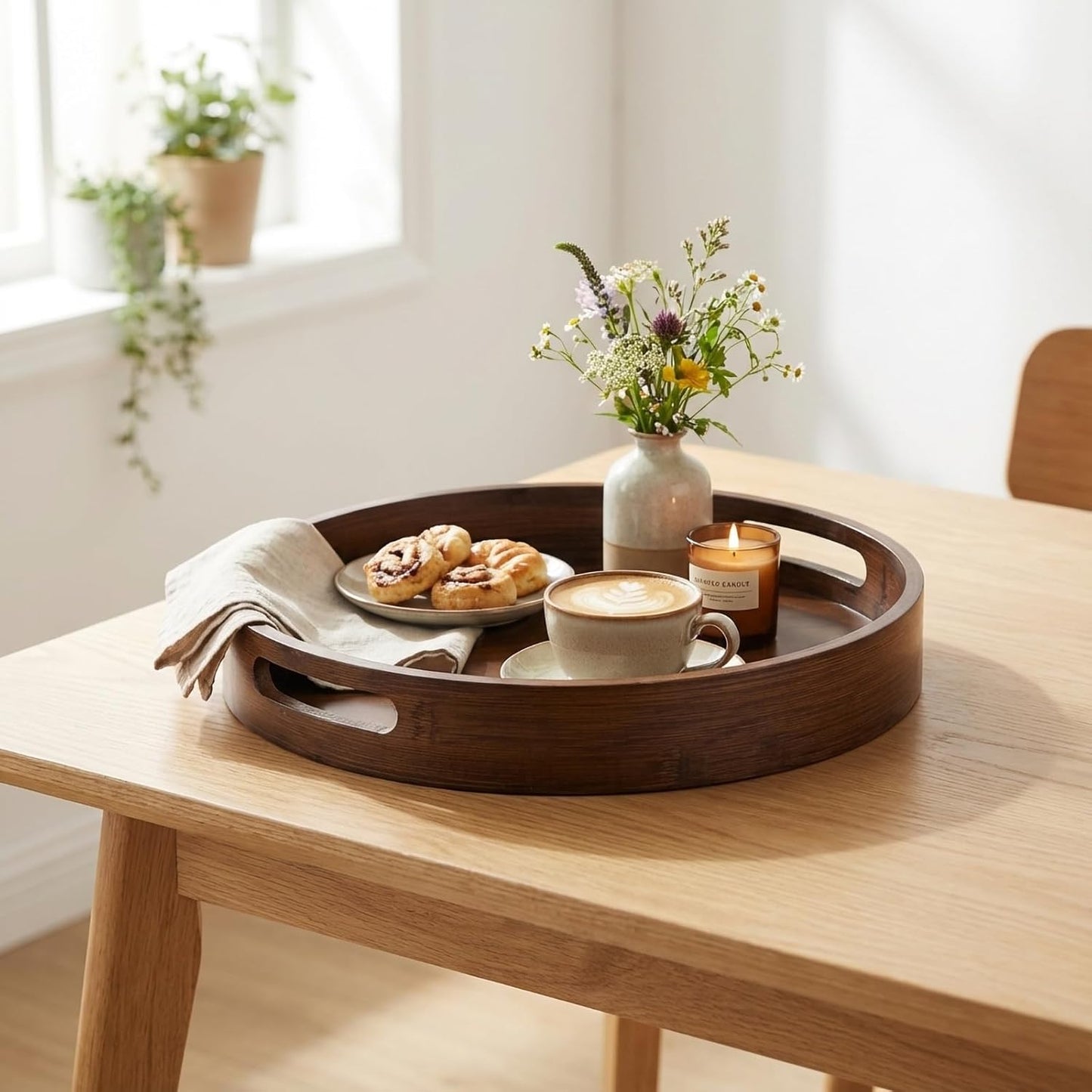 Bandeja redonda grande de madera para decorar hogar y servir comida