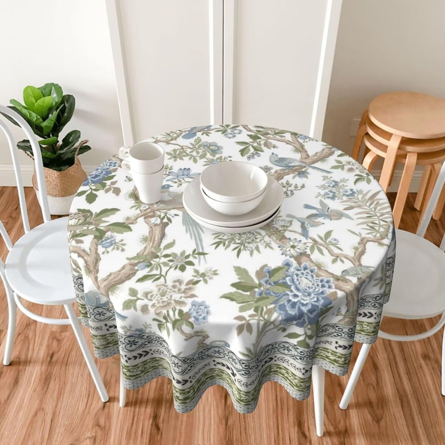 Mantel redondo floral de primavera 60 pulgadas diseño pájaros flores verde salvia rama azul lavable