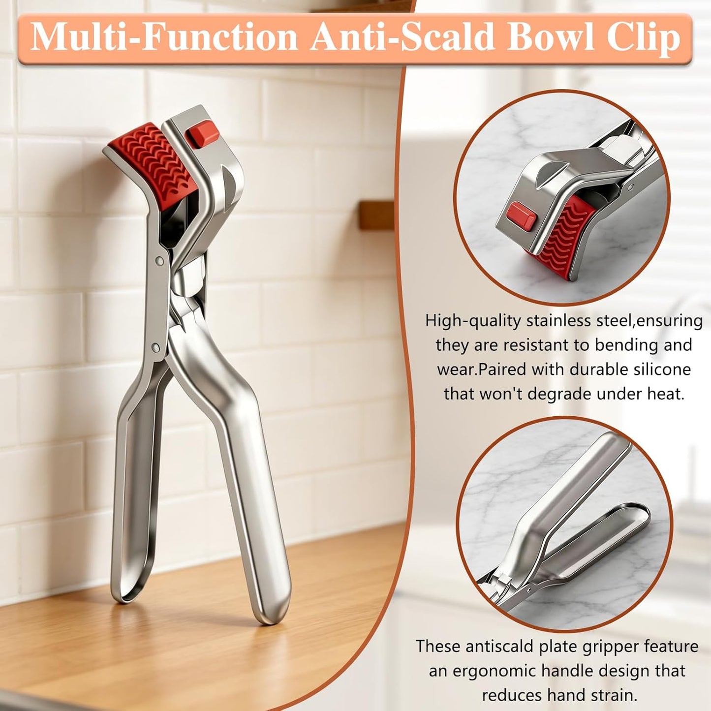 Pinzas multifuncionales antiquemaduras de acero inoxidable con clips antideslizantes