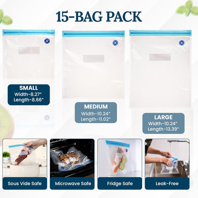 Bolsas selladoras al vacío para alimentos paquete 15 reutilizables con cierre de cremallera a prueba de fugas y válvula de aire