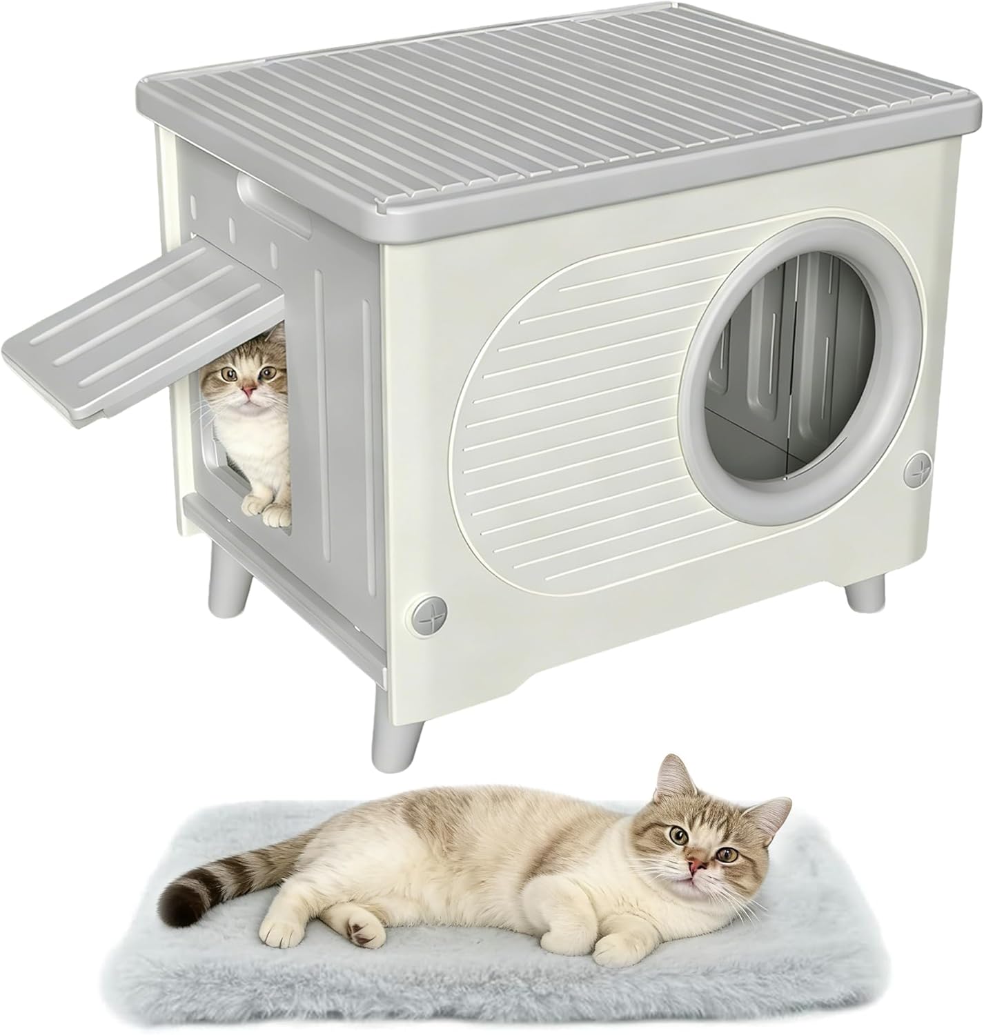 Casa gato exterior resistente plástico con puerta y cortina
